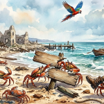 Ruined seaside village beach with crabs carrying debris, a pirate's wooden leg, and a broken wooden sign