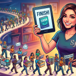 Creator holding up a finished ebook while business tasks and promotion follow behind